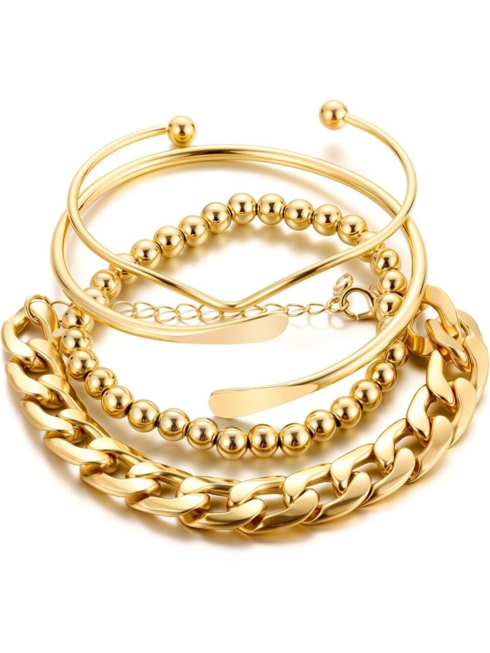 Women's Bangles Set, Multi Layer Textured 14k Gold Plated Chunky Cuban Bracelet
